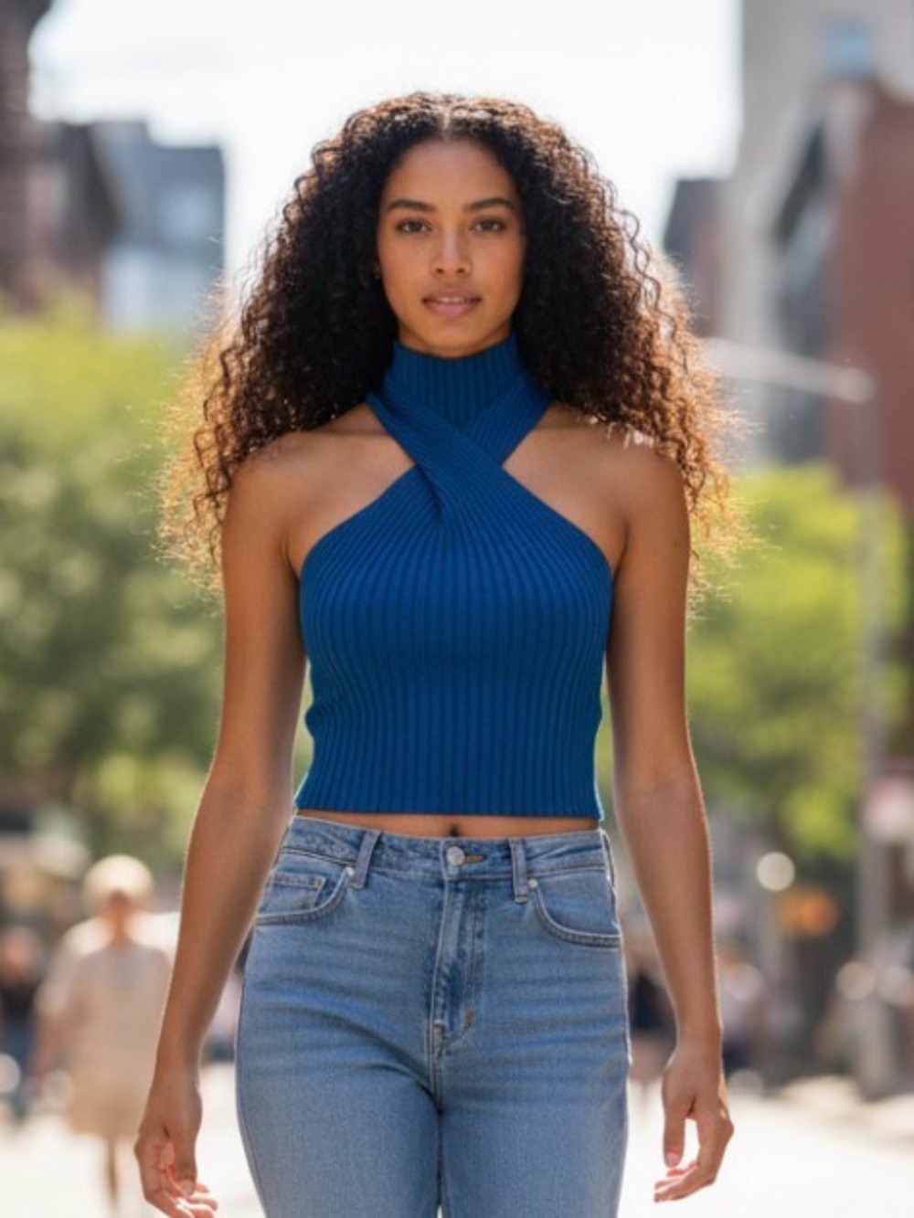 Blue Blush Blue Ribbed Knit Twist Front Halter Mock Neck Crop Top Size M Y2K Fun